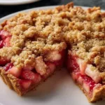 Delicious rhubarb crumble pie served with a scoop of ice cream.