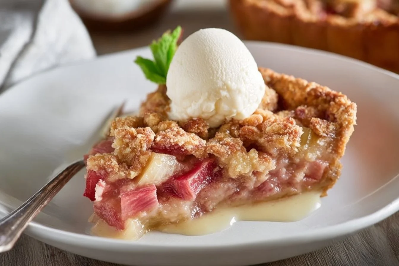 Slice of delicious Rhubarb Custard Pie on a plate