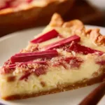 Delicious slice of Rhubarb Custard Pie served on a plate with fresh rhubarb.