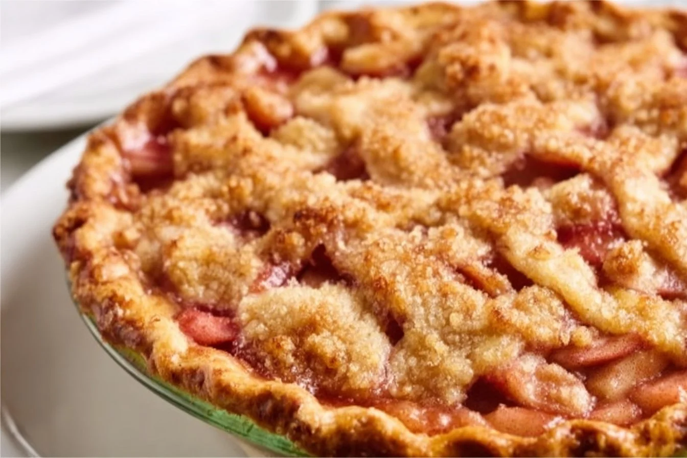 Delicious homemade rhubarb pie with a flaky crust and vibrant filling