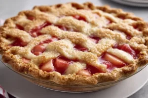 Homemade rhubarb pie with flaky crust and fresh rhubarb filling