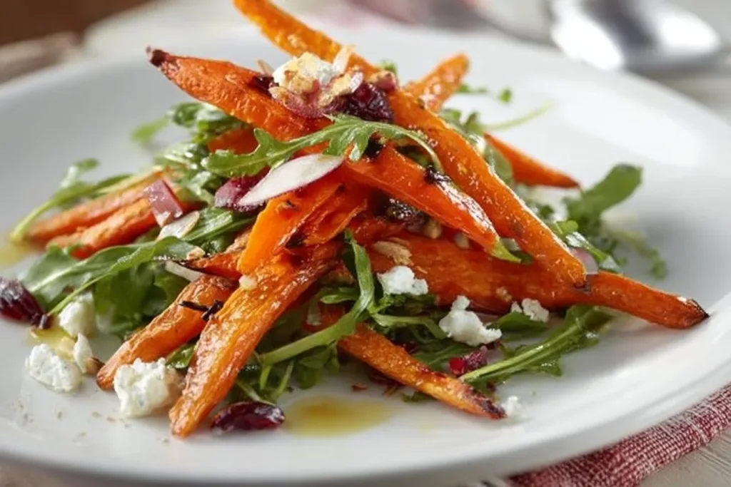 Delicious roasted carrot salad with greens and dressing