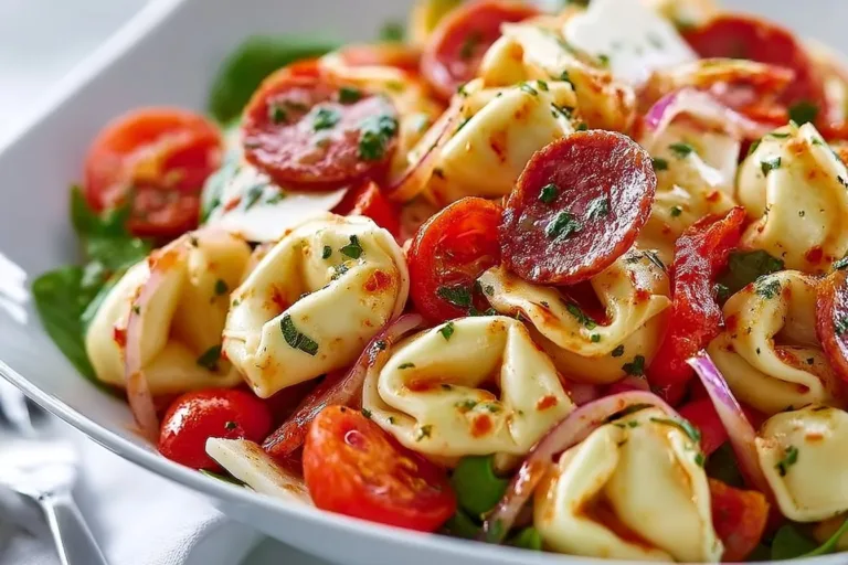 Roasted Red Pepper and Parmesan Tortellini Salad served in a bowl