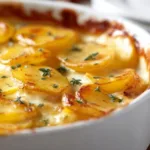 Creamy scalloped potatoes baked with layers of cheese and spices