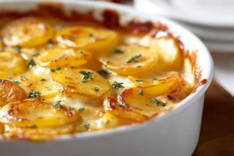 Creamy scalloped potatoes baked with layers of cheese and spices