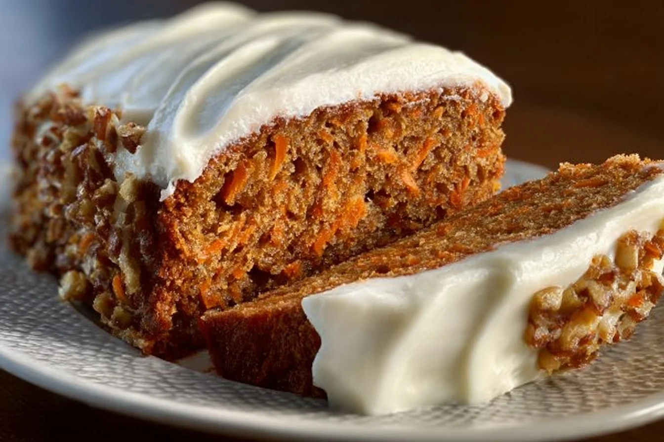 Sourdough carrot cake bread with cream cheese frosting on a wooden table