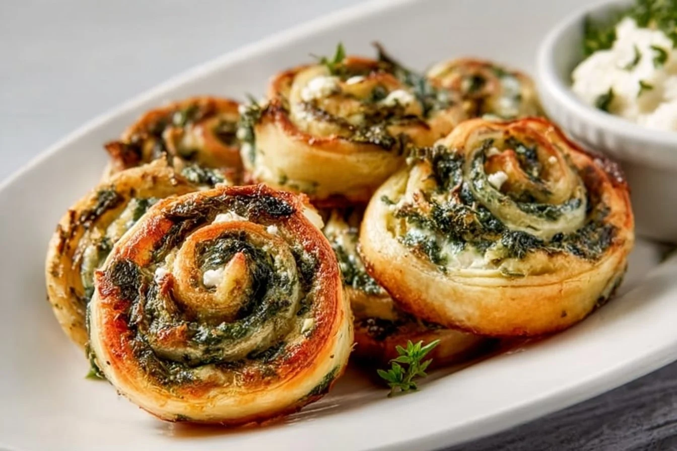 Plate of delicious Spinach Feta Pinwheels ready to serve
