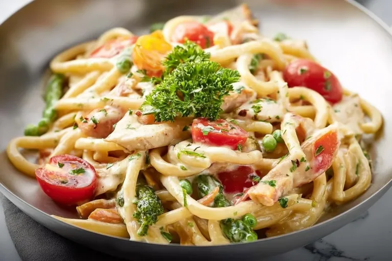 Delicious Spring Pasta with fresh vegetables and herbs served on a plate.
