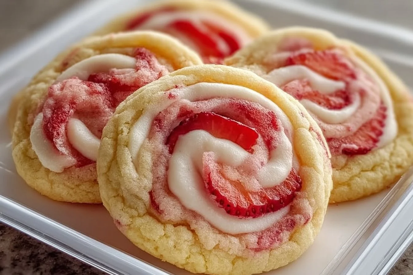 Strawberry Banana Pudding Cookies on a plate decorated with fresh strawberries.