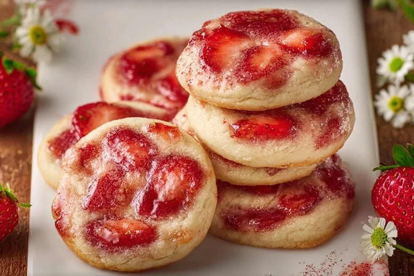 Delicious Strawberry Cheesecake Cookies with fresh strawberries and cream cheese frosting