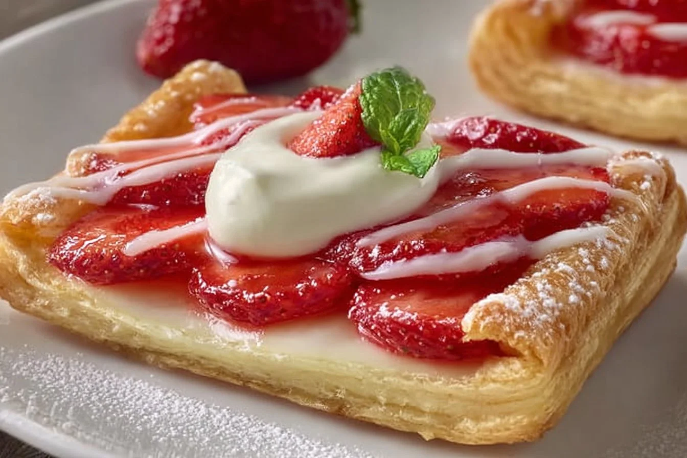 Strawberry Cheesecake Danish topped with fresh strawberries and cream.