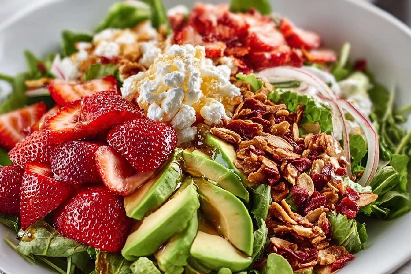 Freshly made Strawberry Crunch Salad with vibrant strawberries and crunchy toppings.
