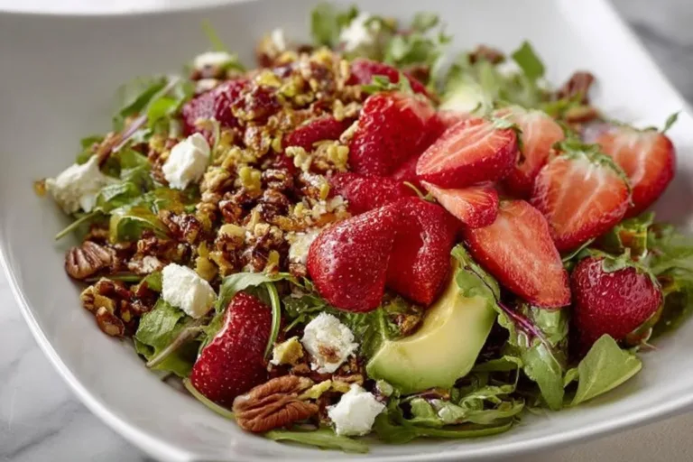 Strawberry Crunch Salad topped with Champagne Vinaigrette in a bowl.