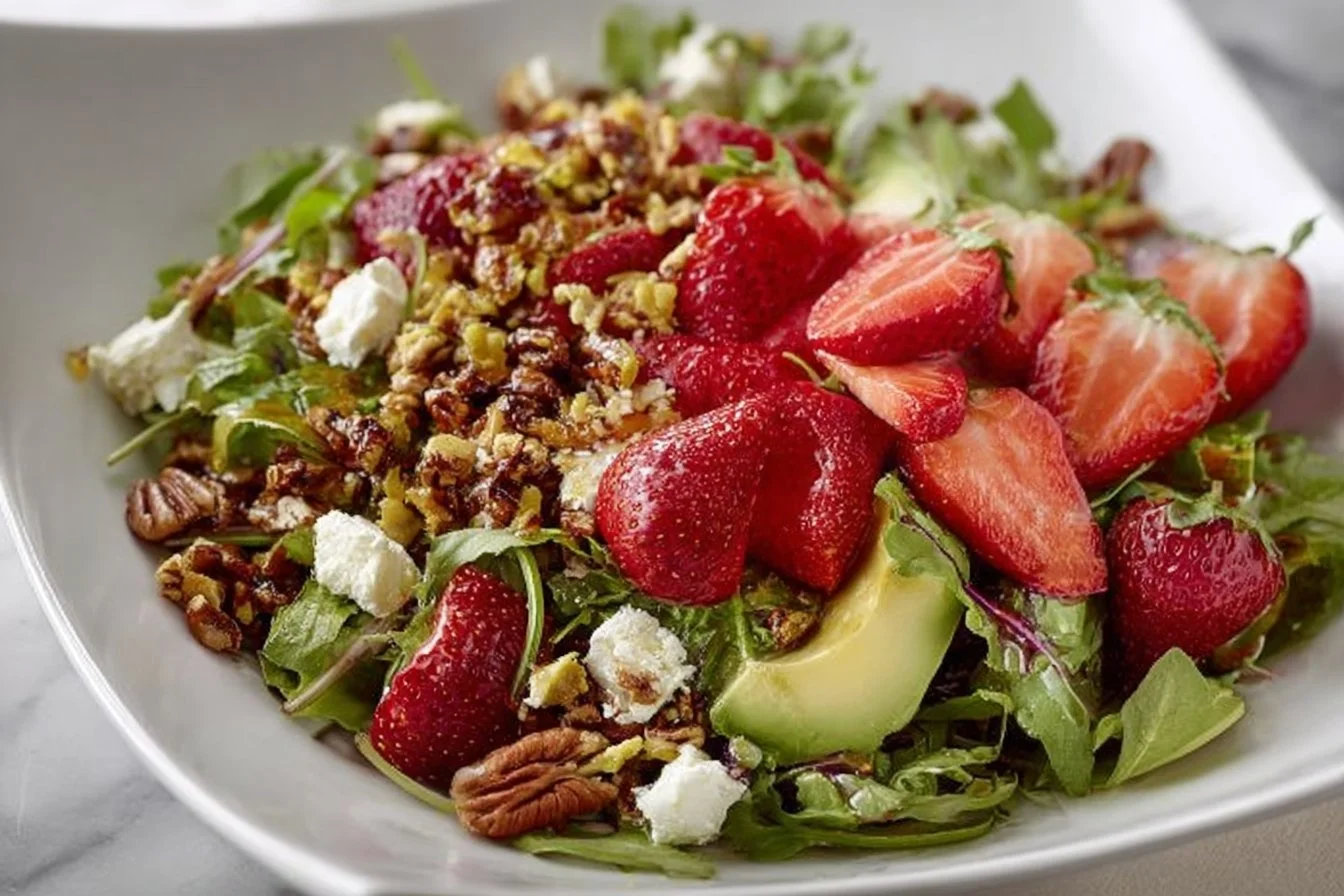 Strawberry Crunch Salad topped with Champagne Vinaigrette in a bowl.