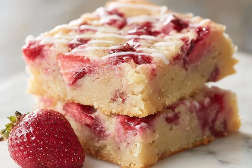 Delicious Strawberry Lemon Blondies topped with fresh strawberries and lemon zest.