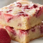 Delicious Strawberry Lemon Blondies topped with fresh strawberries and lemon zest.