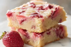 Delicious Strawberry Lemon Blondies topped with fresh strawberries and lemon zest.