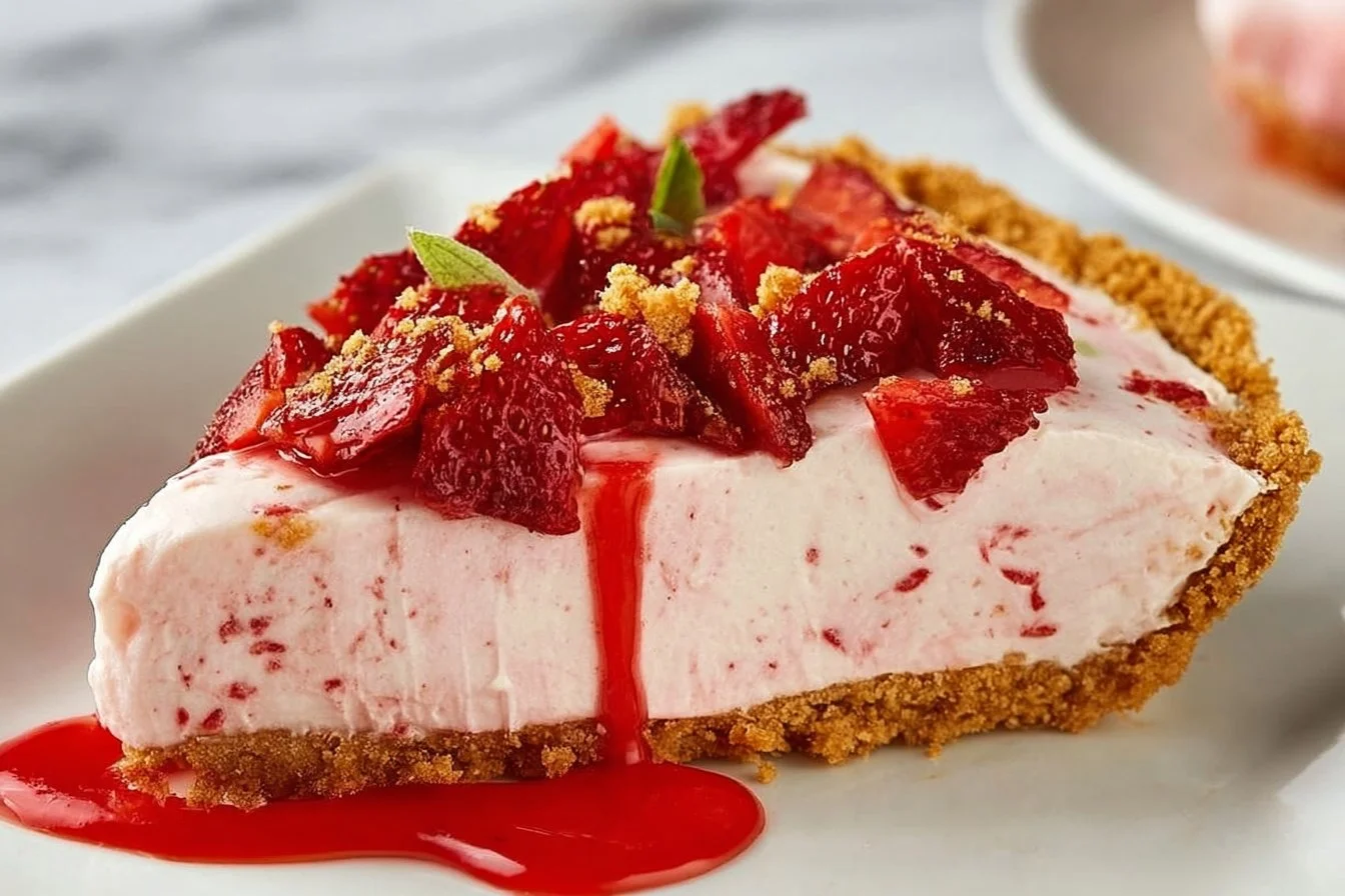 Delicious strawberry pie topped with fresh strawberries in a graham cracker crust