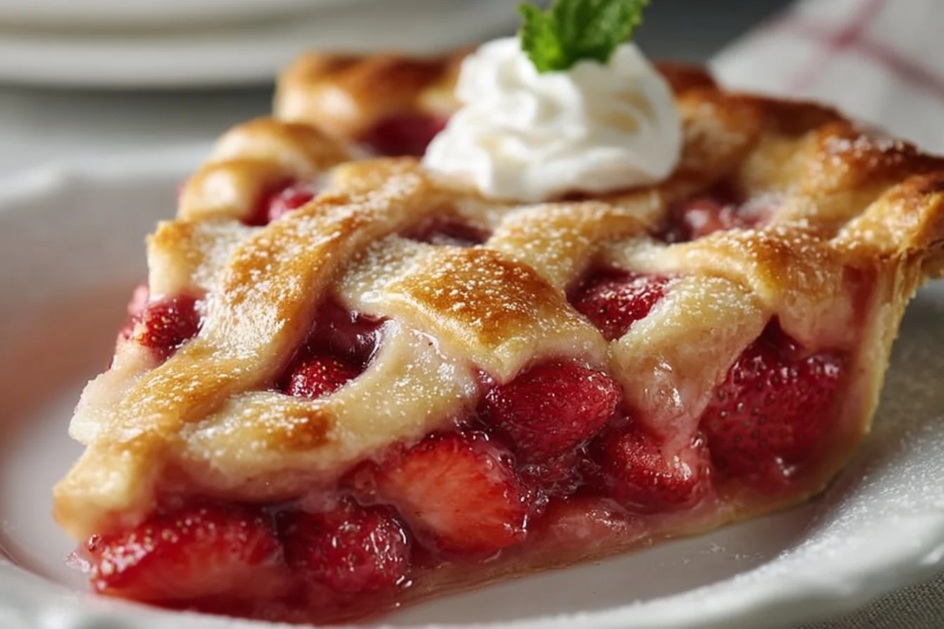 Slice of strawberry rhubarb pie with flaky crust and fresh strawberries