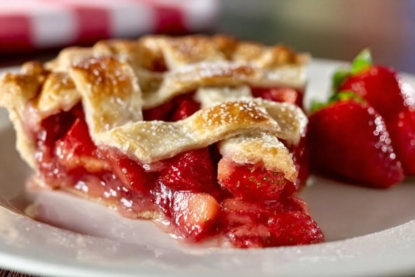 Homemade Strawberry Rhubarb Pie with flaky crust and fresh fruit filling