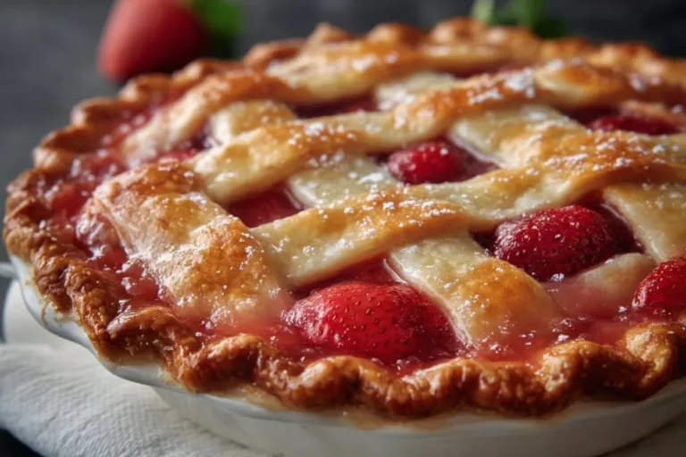 Freshly baked strawberry rhubarb pie with a golden crust and vibrant filling
