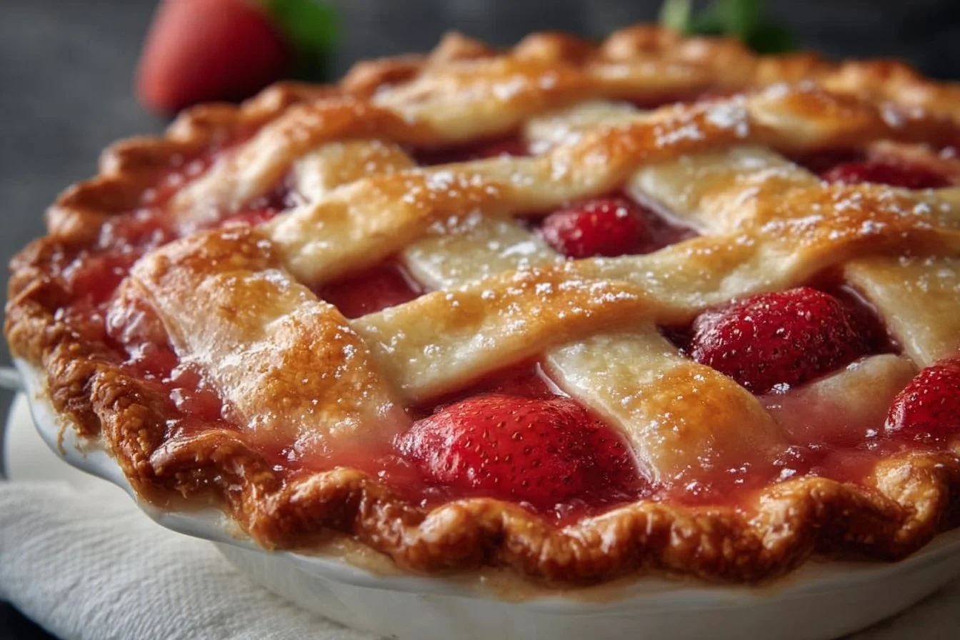 Freshly baked strawberry rhubarb pie with a golden crust and vibrant filling
