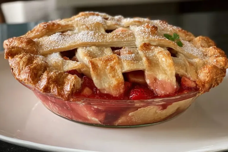 Freshly baked Strawberry Rhubarb Pie with a flaky crust and vibrant filling