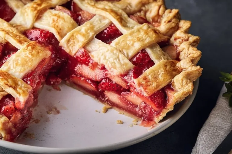 Homemade strawberry rhubarb pie with a flaky crust and fresh fruit filling