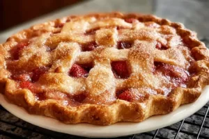 Delicious Strawberry Rhubarb Pie showcasing vibrant red strawberries and rhubarb.
