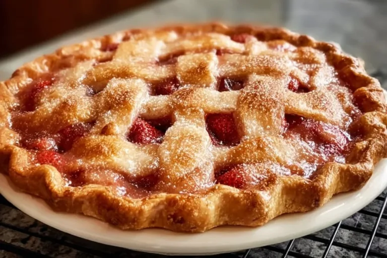 Delicious Strawberry Rhubarb Pie showcasing vibrant red strawberries and rhubarb.