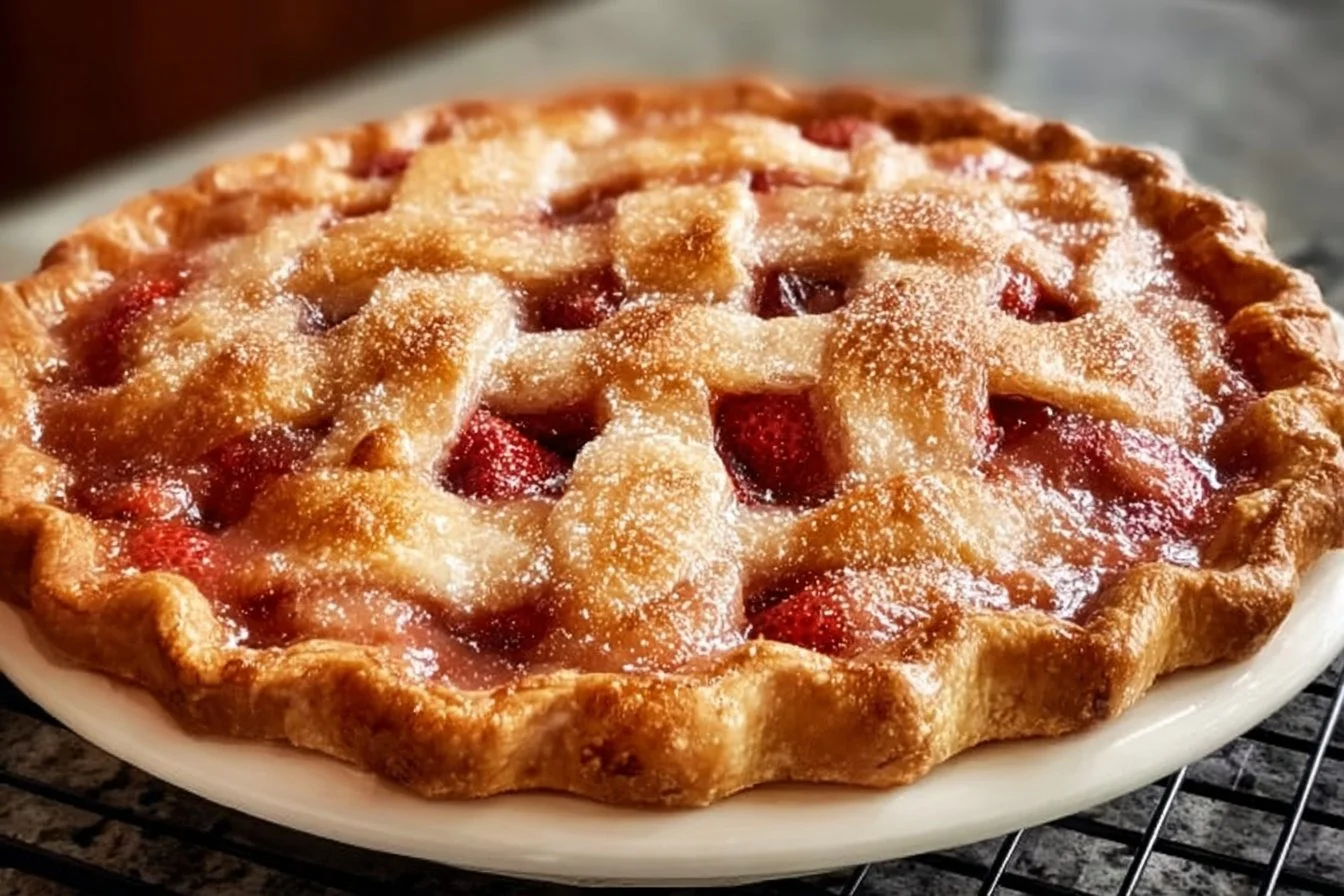 Delicious Strawberry Rhubarb Pie showcasing vibrant red strawberries and rhubarb.