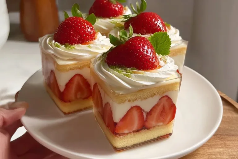 Delicious slice of Strawberry Shortcake topped with fresh strawberries and whipped cream
