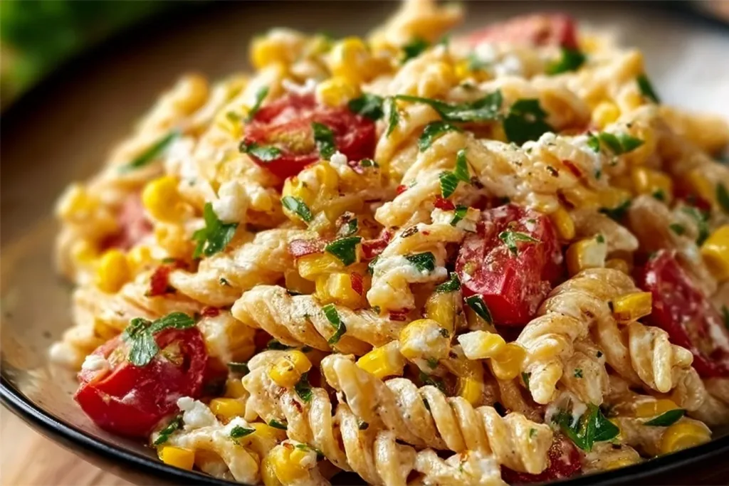 Street Corn Pasta Salad with fresh ingredients and vibrant colors