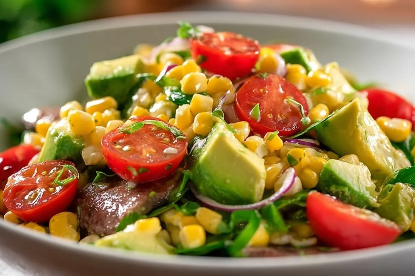 Summer corn salad with avocado ingredients in a colorful bowl