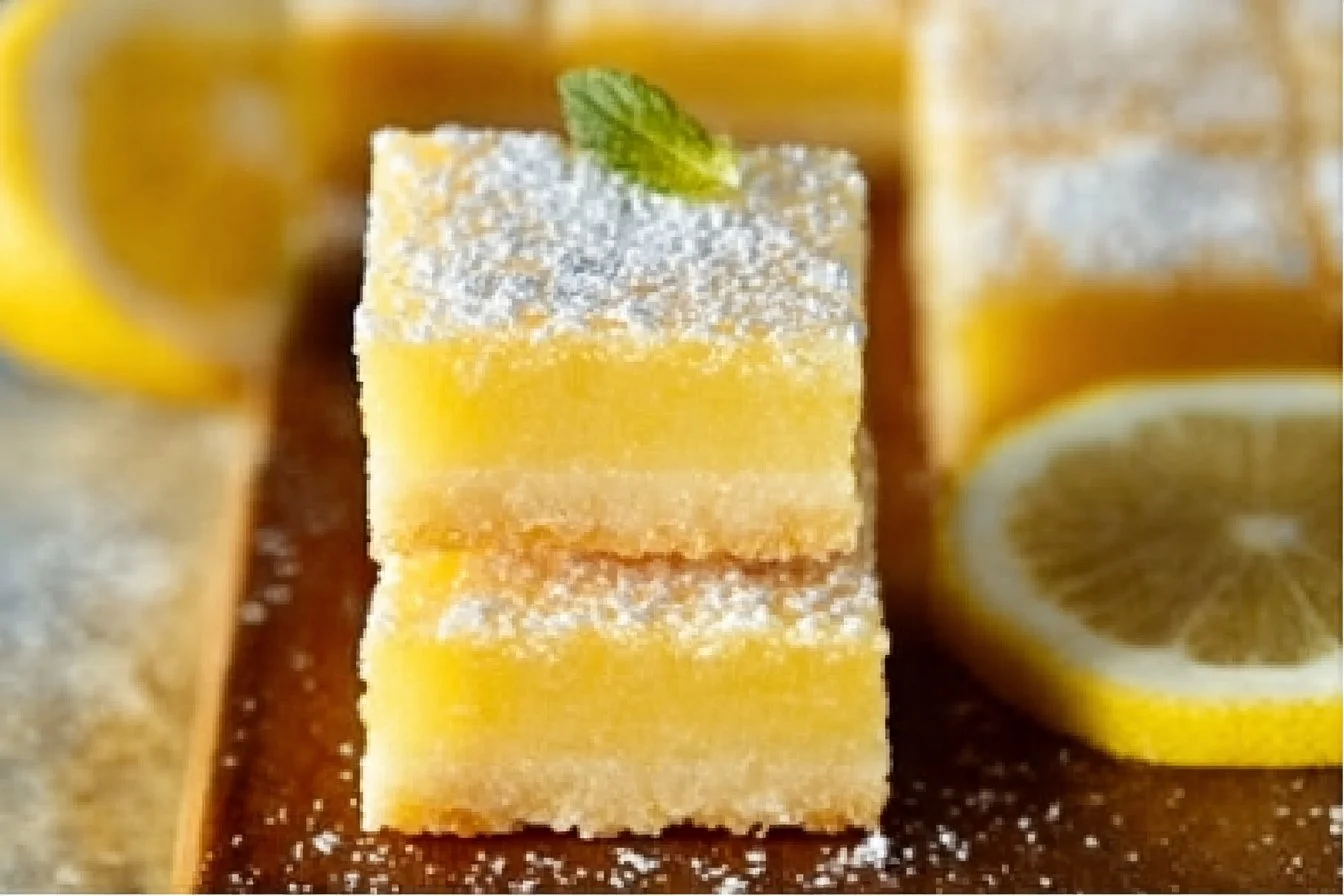 Delicious super easy lemon bars on a plate garnished with lemon slices