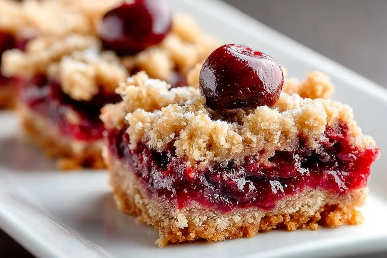 Sweet cherry crumble bars with a crumble topping and fresh cherries