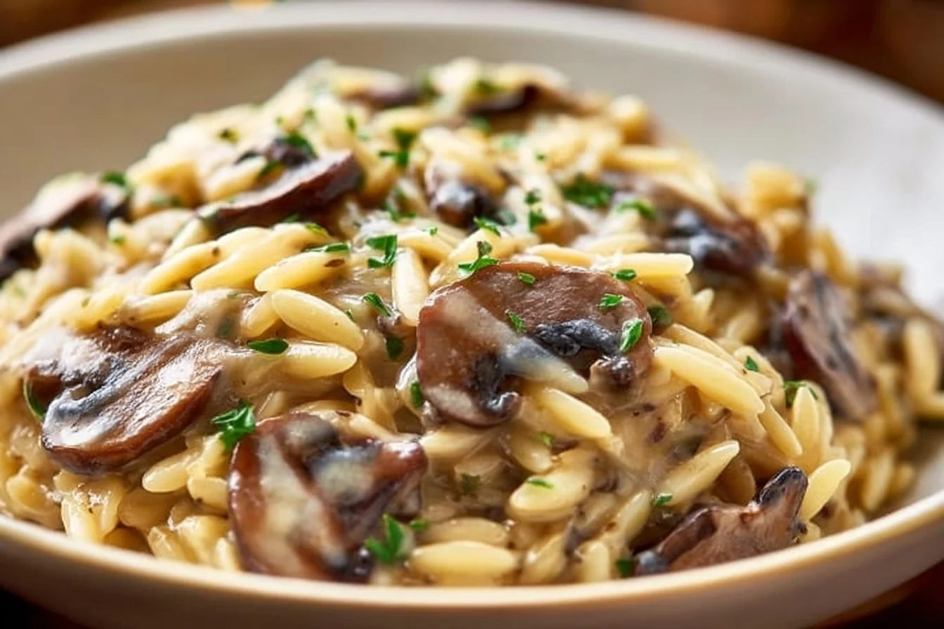 Delicious orzo pasta dish with sautéed mushrooms and herbs