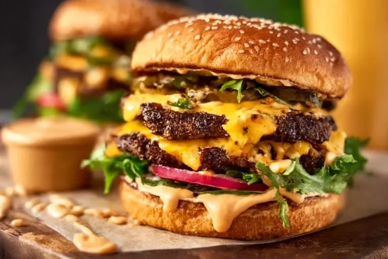 Delicious homemade smash burger with toppings and crispy edges