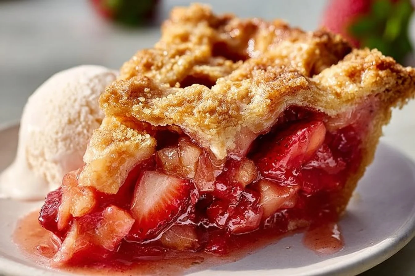 Delicious homemade strawberry rhubarb pie with a flaky crust and fresh fruit filling.