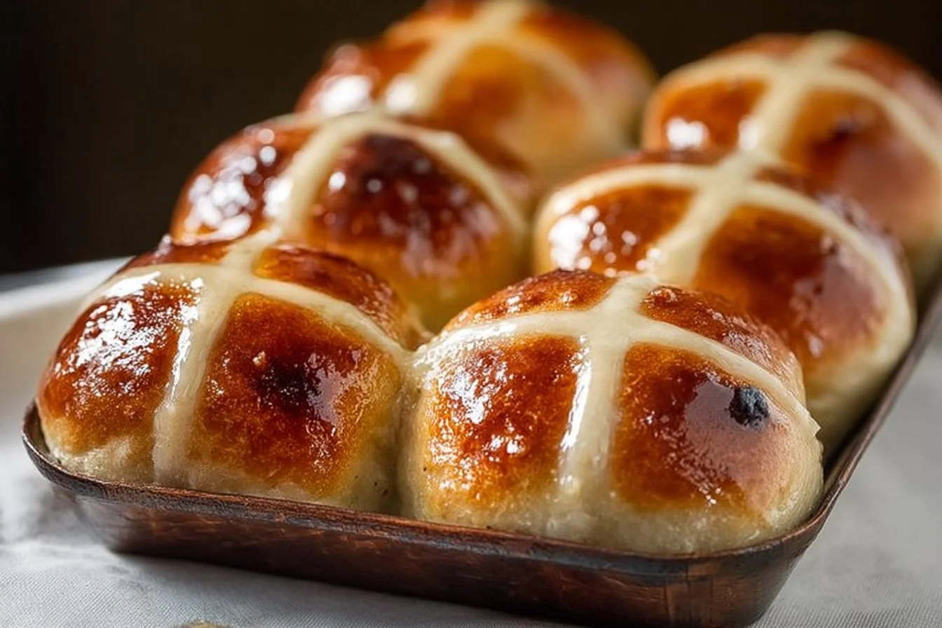 Freshly baked traditional hot cross buns with icing crosses on top