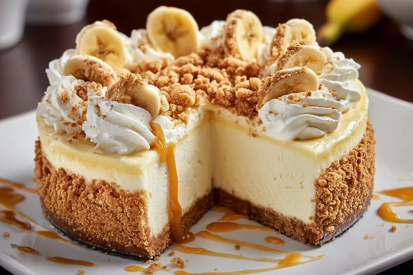 Ultimate Banana Pudding Crunch Cheesecake topped with crunchy toppings