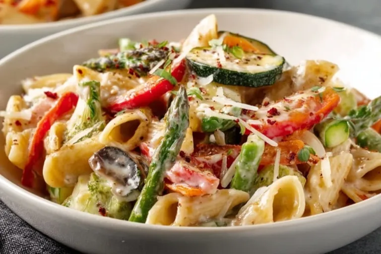 Colorful Vegan Pasta Primavera with fresh vegetables and herbs