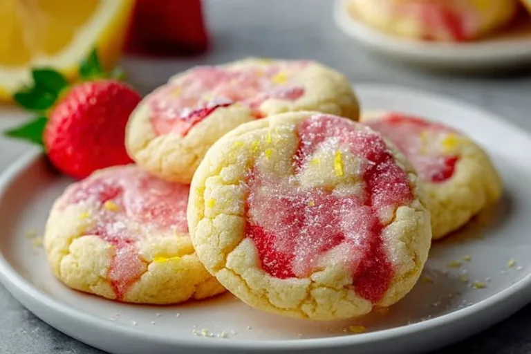 Zesty strawberry lemonade cookies with a refreshing lemon and strawberry flavor.